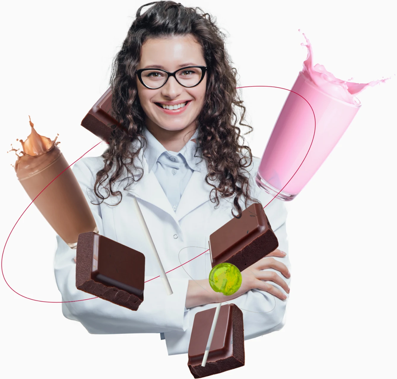 Farmaceutica em farmacia de manipulacao ao redor de produtos como chocolate, shake e pirulito terapeuticos.